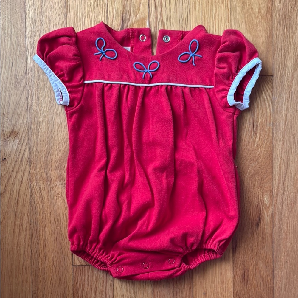 TBBC Red Baby Romper with Blue Bow Accents